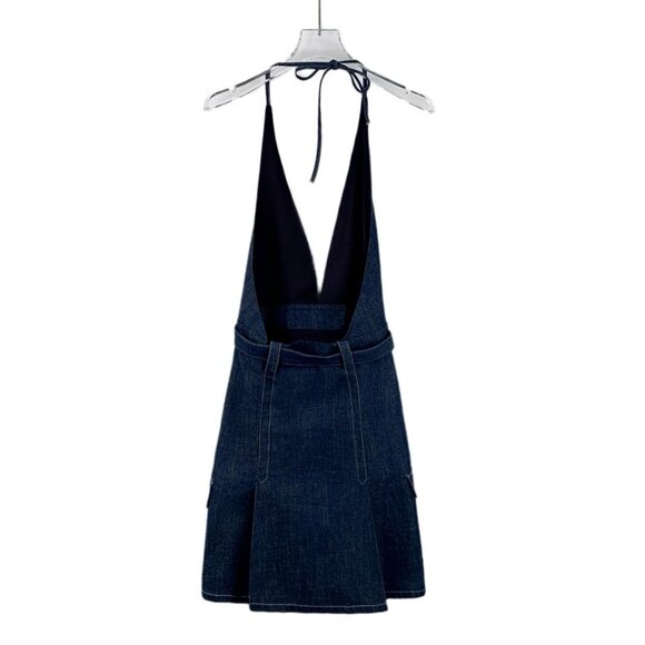 Miu Miu Dark Blue Cotton Denim Halter Dress With Belted Waist & Front Pockets Ma - Picture 8 of 8